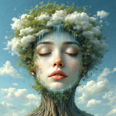 The primary subject of the image is a woman with a tree growing out of her head. The setting is a cloudy sky, and the visual style is a digital art or illustration. The colors are predominantly blue and green, creating a serene and natural atmosphere.